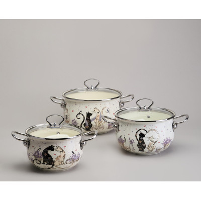 Набор кастрюль эмалированный, серия "lavender cats 6пр. 2,0/2,8/3,8л диа.18/20/22см AGNESS 943-107