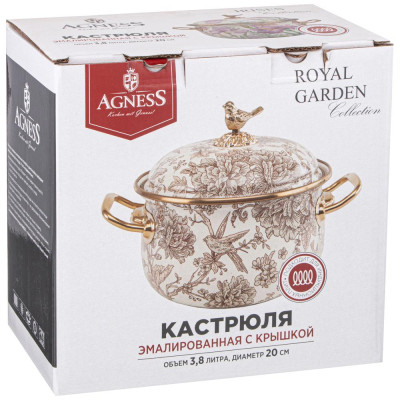Кастрюля эмалированная с крышкой, серия ROYAL GARDEN 3,8л, диа.20см подходит для индукцион.пл AGNESS 950-083