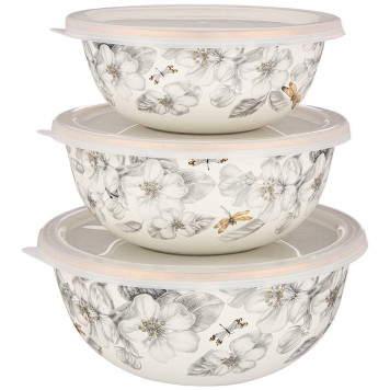 Набор мисок эмалирован. с пластик.крышками, серия яблоневый сад, 6пр.14/16/18см, 0, 6/0, 9/1, 3л AGNESS 950-527