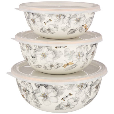 Набор мисок эмалирован. с пластик.крышками, серия яблоневый сад, 6пр.14/16/18см, 0, 6/0, 9/1, 3л AGNESS 950-527