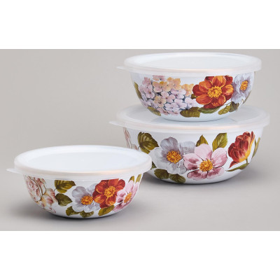 Набор мисок эмалированных с пластик.крышками, серия ФЛАНДРИЯ 6пр 0, 6/0, 9/1, 3л диа. 14/16/18см AGNESS 950-595-1