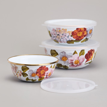 Набор мисок эмалированных с пластик.крышками, серия ФЛАНДРИЯ 6пр 0, 6/0, 9/1, 3л диа. 14/16/18см AGNESS 950-595-2