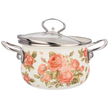 915-136 Кастрюля Agness 2.0л эмалированная со стекл. крышкой серия 'Корейская роза'-2