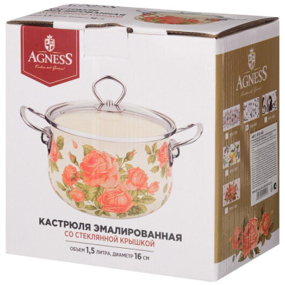 915-145 Кастрюля Agness 1.5л эмалированная со стекл. крышкой серия 'Вивьен'-1