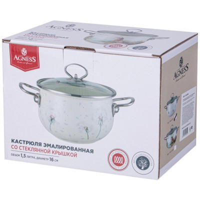 943-055 Кастрюля Agness эмалированная со стеклянной крышкой (1.5л, d16см)-1