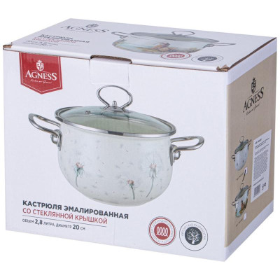 943-057 Кастрюля Agness эмалированная со стеклянной крышкой (2.8л, d20см)