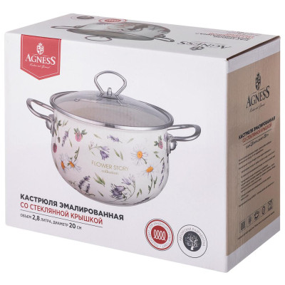 943-097 Кастрюля Agness (2.8л) эмалированная со стеклянной крышкой серия 'Flower story'-2