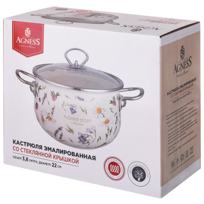943-098 Кастрюля Agness (3.8л) эмалированная со стеклянной крышкой серия 'Flower story'-2