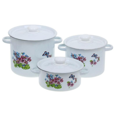 N16B24 Набор кастрюль эмал (6 предметов, цилиндр) белый Фиалка