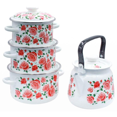 N27B88 Набор кастрюль Роза плетистая цилиндр., белый эмал., деколь на крышке кастрюли-1