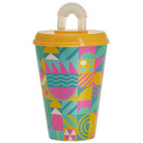 222100403/01 Стакан 'IZI-GO' с крышкой и трубочкой 420мл с декором (желтый)