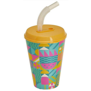 222100403/01 Стакан 'IZI-GO' с крышкой и трубочкой 420мл с декором (желтый)-1