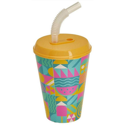 222100403/01 Стакан 'IZI-GO' с крышкой и трубочкой 420мл с декором (желтый)-1