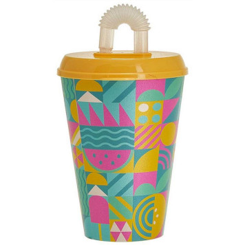 222100403/01 Стакан 'IZI-GO' с крышкой и трубочкой 420мл с декором (желтый)