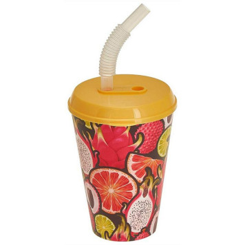 222100503/01 Стакан 'IZI-GO' с крышкой и трубочкой 420мл с декором (желтый)-1