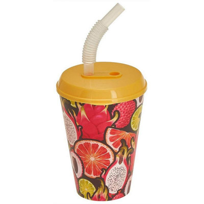 222100503/01 Стакан 'IZI-GO' с крышкой и трубочкой 420мл с декором (желтый)-1