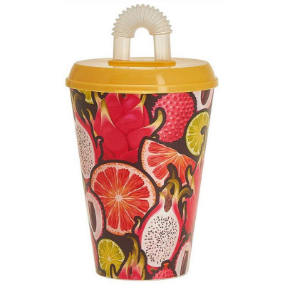 222100503/01 Стакан 'IZI-GO' с крышкой и трубочкой 420мл с декором (желтый)