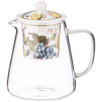 Чайник стеклянный с фарфоровым ситом "ФРУКТЫ" 600 мл (кор=36шт.) LEFARD 104-904