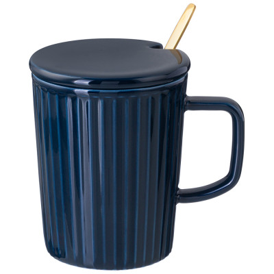 Кружка " HERBAL"  с крышкой и металл. ложкой 350 мл синяя (кор=48шт.) LEFARD 42-482