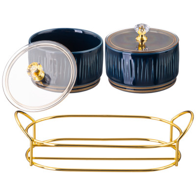 Набор банок " HERBAL"  с пластик. крышкой 2 шт. 230 мл на металл. подставке синий (кор=24наб.) LEFARD 42-485-1