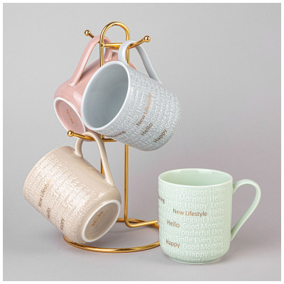 Набор кружек "GOOD MORNING" на металл. подставке 4 шт. 330 мл микс цветов (кор=4наб.) LEFARD 42-533