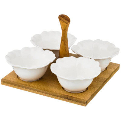 Менажница 4 секции на дерев. подставке с ручкой 21*21*5 см (кор=16шт.) LEFARD 474-040-1