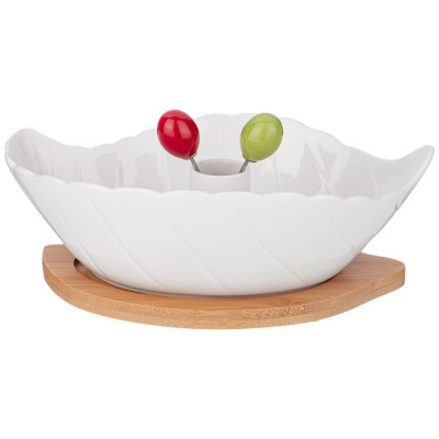 Салатник "NATIVE" в форме листа 550 мл 22,3*13,5*6,9 см на дер.подставке 2 вилочки (кор=16наб LEFARD 474-218-1