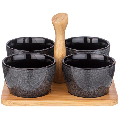 Набор соусников "GRAPHITE" 4 шт. 175 мл 19*6.5 см на дер. подставке с ручкой (кор=16наб.) LEFARD 474-240