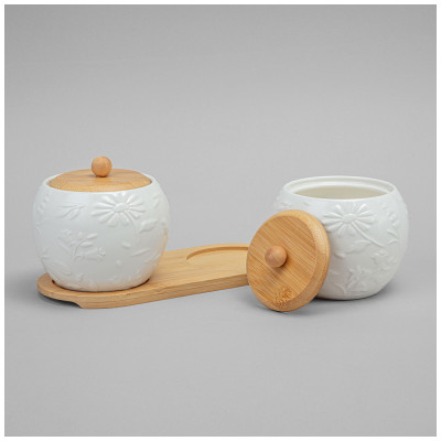 Набор банок "FLOWERS STORY" с дер. крышкой на дер. подставке 2 шт. 12*11 см 550 мл LEFARD 474-247-1