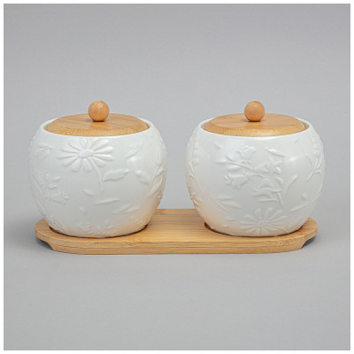 Набор банок "FLOWERS STORY" с дер. крышкой на дер. подставке 2 шт. 12*11 см 550 мл LEFARD 474-247