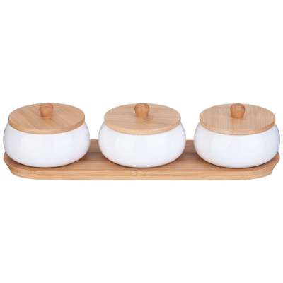 Набор банок с дерев. крышкой "NATIVE" 3 шт. 8,5*6,5 см 150 мл на дерев. подставке (кор=24шт.) LEFARD 587-188