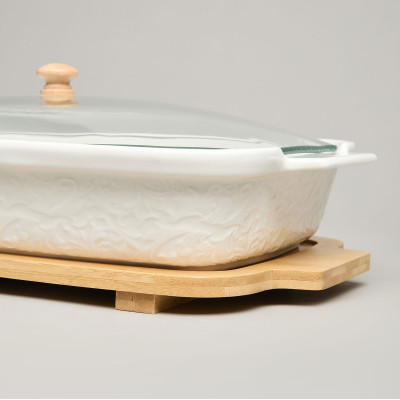 Блюдо для выпекания и сервировки "MUSE" со стекл.крышкой на дер.подставке 34,5*21*11см 1400мл LEFARD 587-243-3