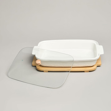 Блюдо для выпекания и сервировки "MUSE" со стекл.крышкой на дер.подставке 34,5*21*11см 1400мл LEFARD 587-243-5