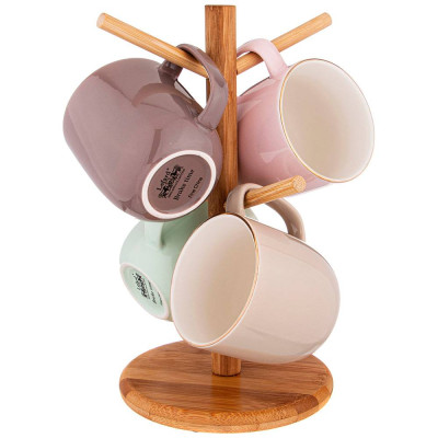 Набор из 4 кружек на деревянной подставке "BREAK TIME" 310 мл пастель (кор=4наб.) LEFARD 756-245