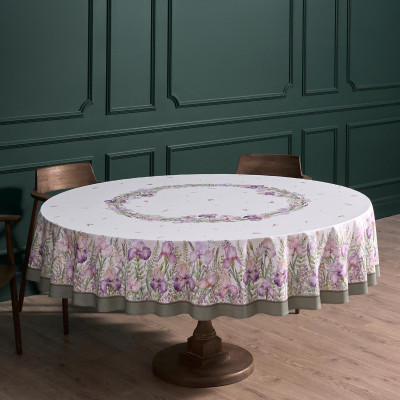 Скатерть круглая "ИРИСЫ" ,d220см, 100% хлопок,твил c пропиткой, белый LEFARD 850-743-25-17