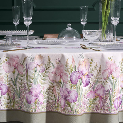 Скатерть круглая "ИРИСЫ" ,d220см, 100% хлопок,твил c пропиткой, белый LEFARD 850-743-25-4