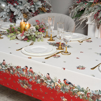 Скатерть " МОРОЗКО.СНЕГИРИ" 140х180см, красный, 100% хлопок, твил пропитка LEFARD 850-745-2-10