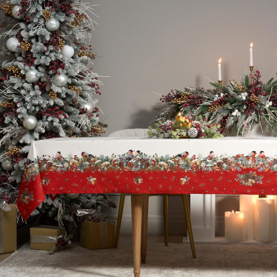 Скатерть " МОРОЗКО.СНЕГИРИ" 140х180см, красный, 100% хлопок, твил пропитка LEFARD 850-745-2-3