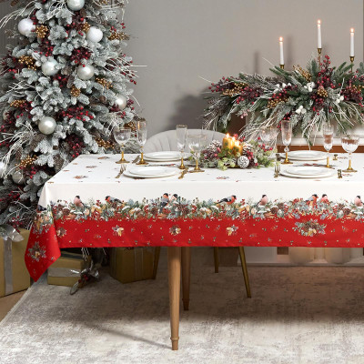 Скатерть " МОРОЗКО.СНЕГИРИ" 140х180см, красный, 100% хлопок, твил пропитка LEFARD 850-745-2