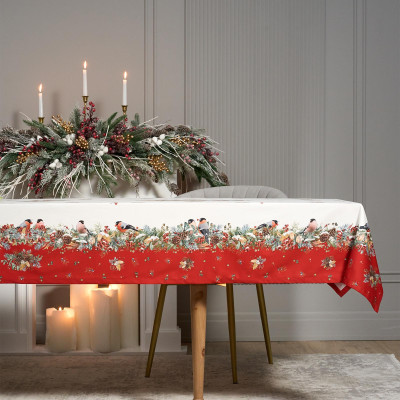 Скатерть " МОРОЗКО.СНЕГИРИ" 140х180см, красный, 100% хлопок, твил пропитка LEFARD 850-745-2-4