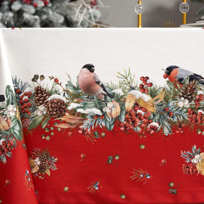 Скатерть " МОРОЗКО.СНЕГИРИ" 140х180см, красный, 100% хлопок, твил пропитка LEFARD 850-745-2-5