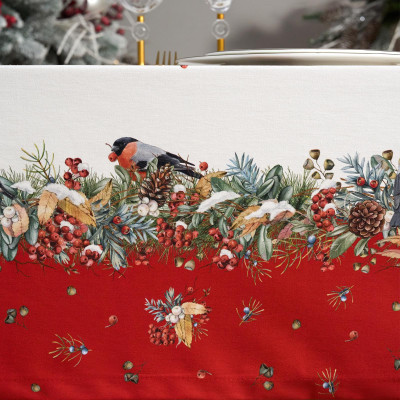 Скатерть " МОРОЗКО.СНЕГИРИ" 140х180см, красный, 100% хлопок, твил пропитка LEFARD 850-745-2-6