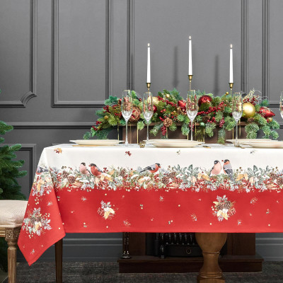 Скатерть " МОРОЗКО.СНЕГИРИ" 160х220см , красный, 100% хлопок, твил пропитка LEFARD 850-745-21-3