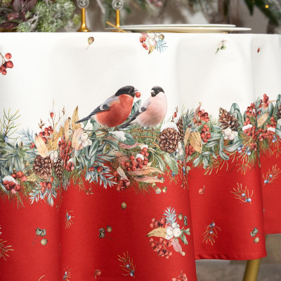 Скатерть круглая " МОРОЗКО.СНЕГИРИ" 190см , красный, 100% хлопок, твил, с пропиткой LEFARD 850-745-22-9