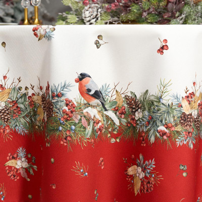 Скатерть круглая " МОРОЗКО.СНЕГИРИ" 190см , красный, 100% хлопок, твил, с пропиткой LEFARD 850-745-22-10