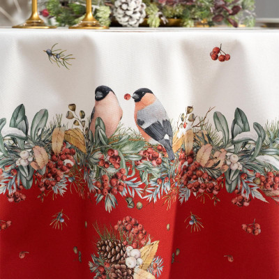 Скатерть круглая " МОРОЗКО.СНЕГИРИ" 190см , красный, 100% хлопок, твил, с пропиткой LEFARD 850-745-22-11