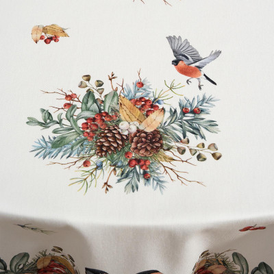 Скатерть круглая " МОРОЗКО.СНЕГИРИ" 190см , красный, 100% хлопок, твил, с пропиткой LEFARD 850-745-22-13