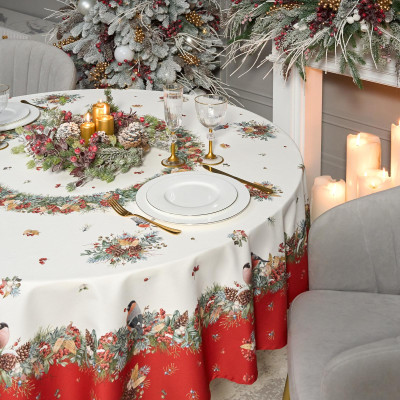 Скатерть круглая " МОРОЗКО.СНЕГИРИ" 190см , красный, 100% хлопок, твил, с пропиткой LEFARD 850-745-22-14