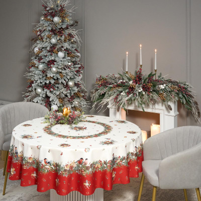 Скатерть круглая " МОРОЗКО.СНЕГИРИ" 190см , красный, 100% хлопок, твил, с пропиткой LEFARD 850-745-22-15