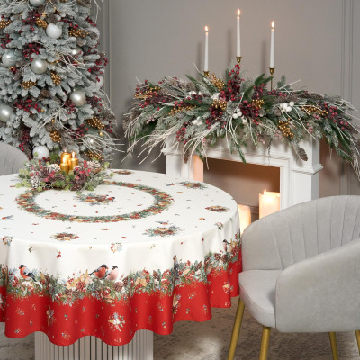 Скатерть круглая " МОРОЗКО.СНЕГИРИ" 190см , красный, 100% хлопок, твил, с пропиткой LEFARD 850-745-22-16